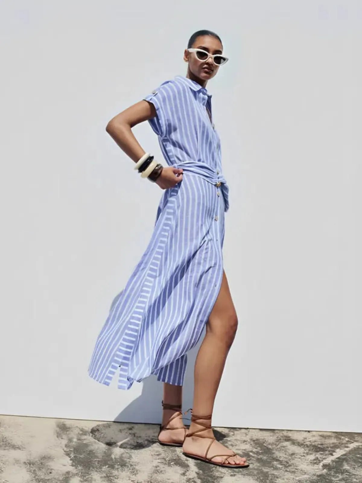 Striped Linen-Blend Maxi Dress with Belt for Work and Casual Wear