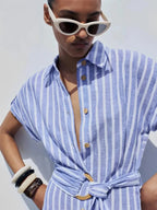 Striped Linen-Blend Maxi Dress with Belt for Work and Casual Wear