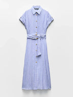 Striped Linen-Blend Maxi Dress with Belt for Work and Casual Wear