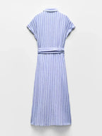 Striped Linen-Blend Maxi Dress with Belt for Work and Casual Wear