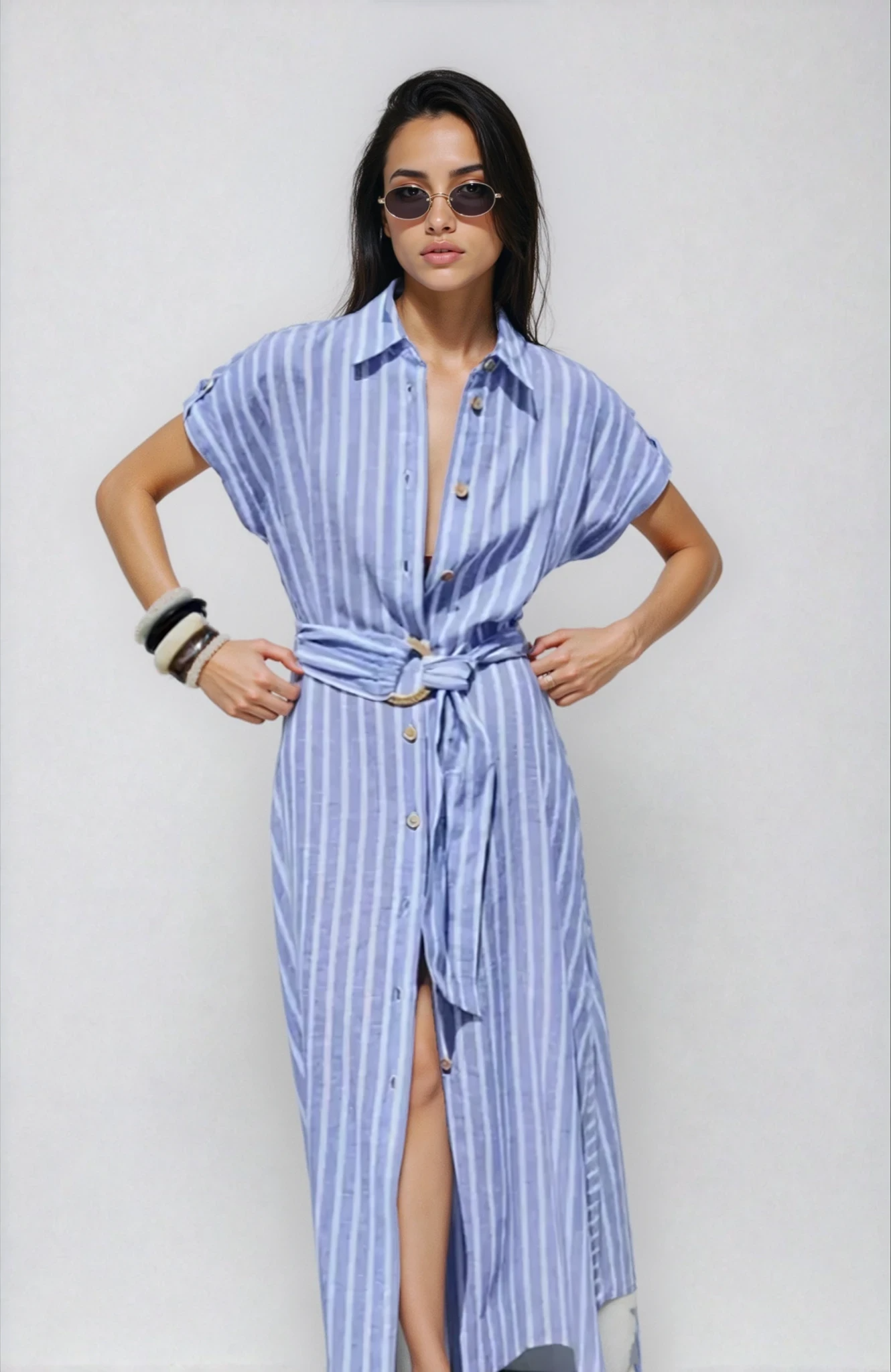 Striped Linen-Blend Maxi Dress with Belt for Work and Casual Wear