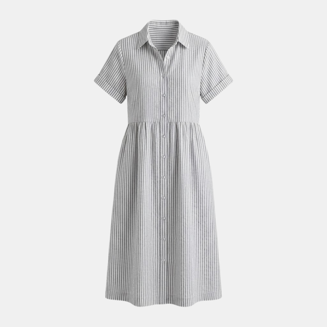 Striped Linen Blend Midi Dress for Women with Pockets - Casual Wear