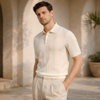 Textured Pointelle Knit Polo Shirt for Men - Casual Wear, Short Sleeve
