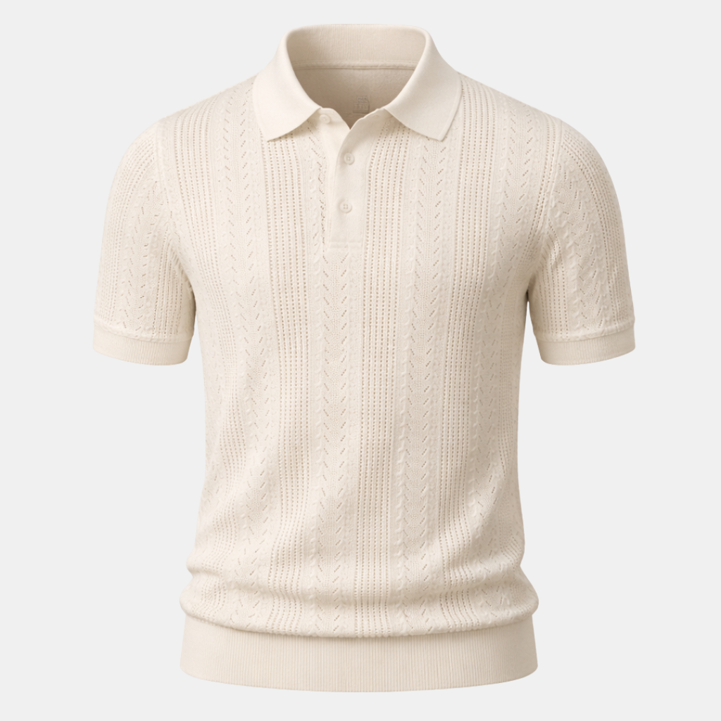 Textured Pointelle Knit Polo Shirt for Men - Casual Wear, Short Sleeve