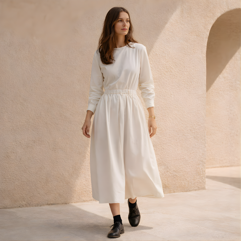 White Cotton Linen Midi Dress with Long Sleeves for Casual Wear