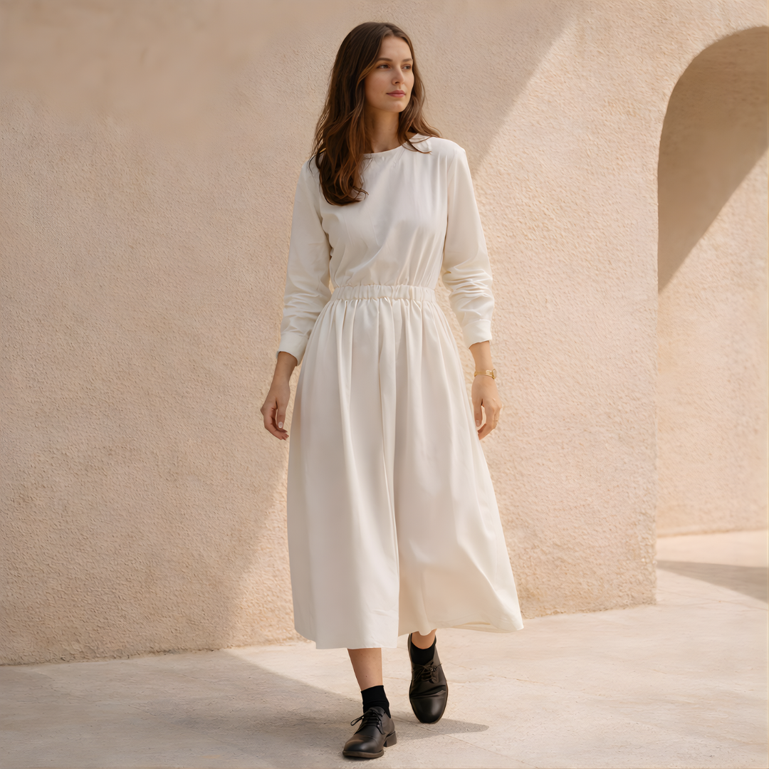 White Cotton Linen Midi Dress with Long Sleeves for Casual Wear