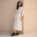 White Cotton Linen Midi Dress with Long Sleeves for Casual Wear