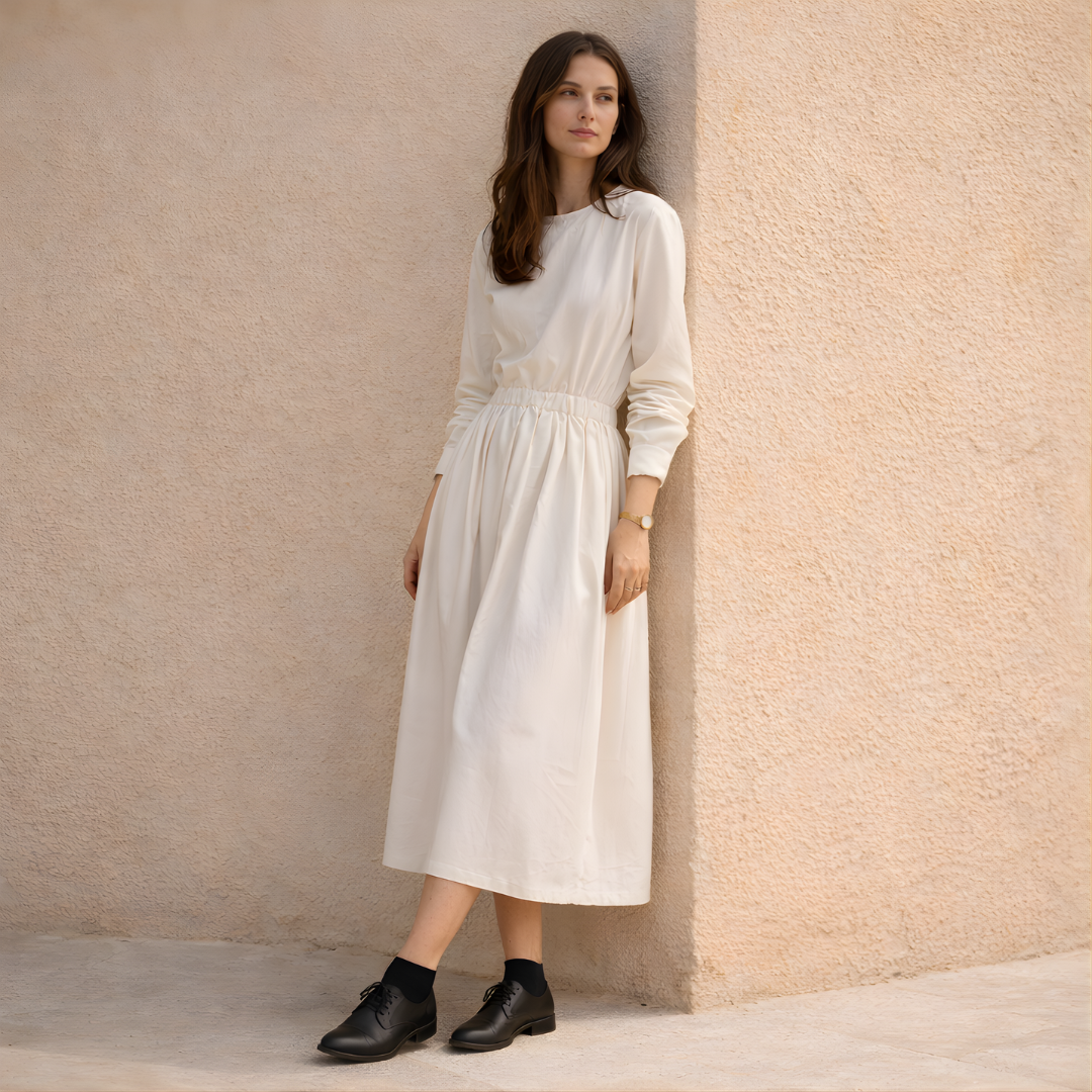White Cotton Linen Midi Dress with Long Sleeves for Casual Wear