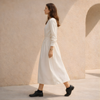 White Cotton Linen Midi Dress with Long Sleeves for Casual Wear