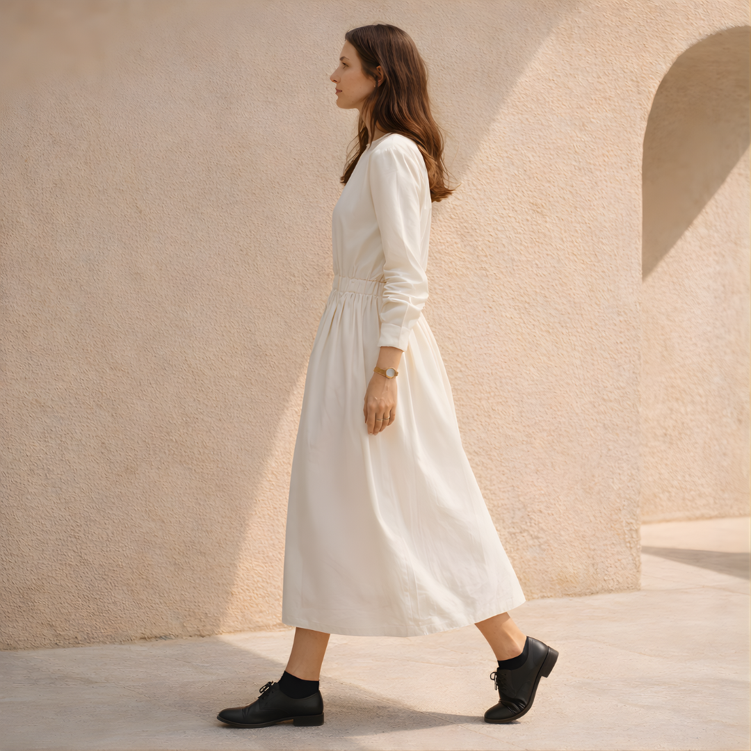 White Cotton Linen Midi Dress with Long Sleeves for Casual Wear
