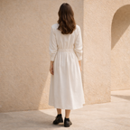 White Cotton Linen Midi Dress with Long Sleeves for Casual Wear