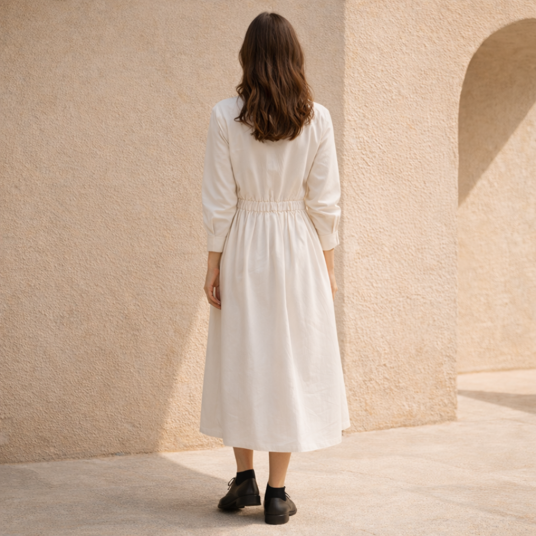 White Cotton Linen Midi Dress with Long Sleeves for Casual Wear
