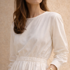 White Cotton Linen Midi Dress with Long Sleeves for Casual Wear