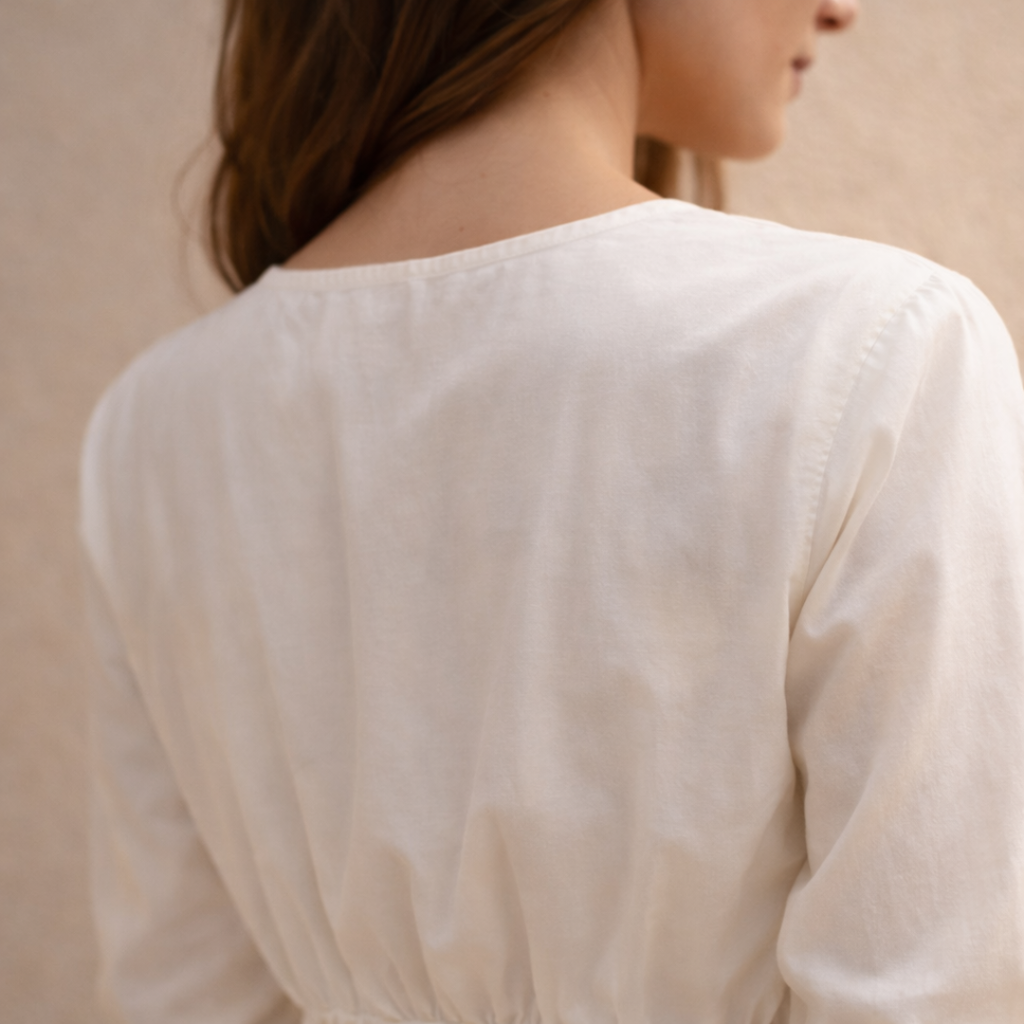 White Cotton Linen Midi Dress with Long Sleeves for Casual Wear