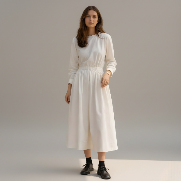 White Cotton Linen Midi Dress with Long Sleeves for Casual Wear
