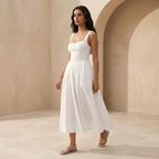 White Linen Midi Dress for Women - Square Neck Design, Casual Summer Wear