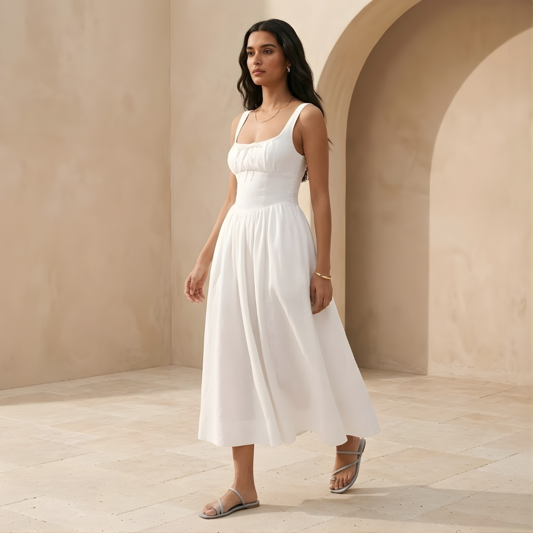 White Linen Midi Dress for Women - Square Neck Design, Casual Summer Wear