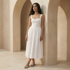 White Linen Midi Dress for Women - Square Neck Design, Casual Summer Wear