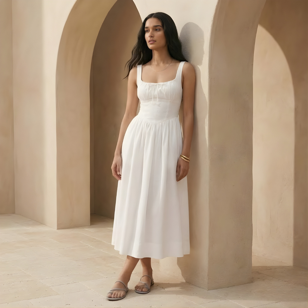 White Linen Midi Dress for Women - Square Neck Design, Casual Summer Wear