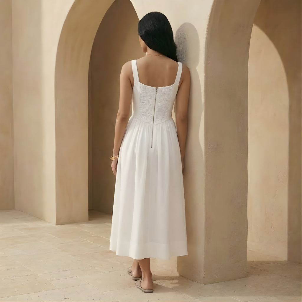 White Linen Midi Dress for Women - Square Neck Design, Casual Summer Wear