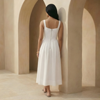 White Linen Midi Dress for Women - Square Neck Design, Casual Summer Wear