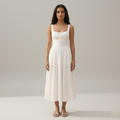White Linen Midi Dress for Women - Square Neck Design, Casual Summer Wear