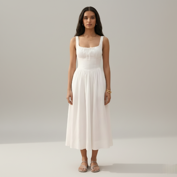 White Linen Midi Dress for Women - Square Neck Design, Casual Summer Wear