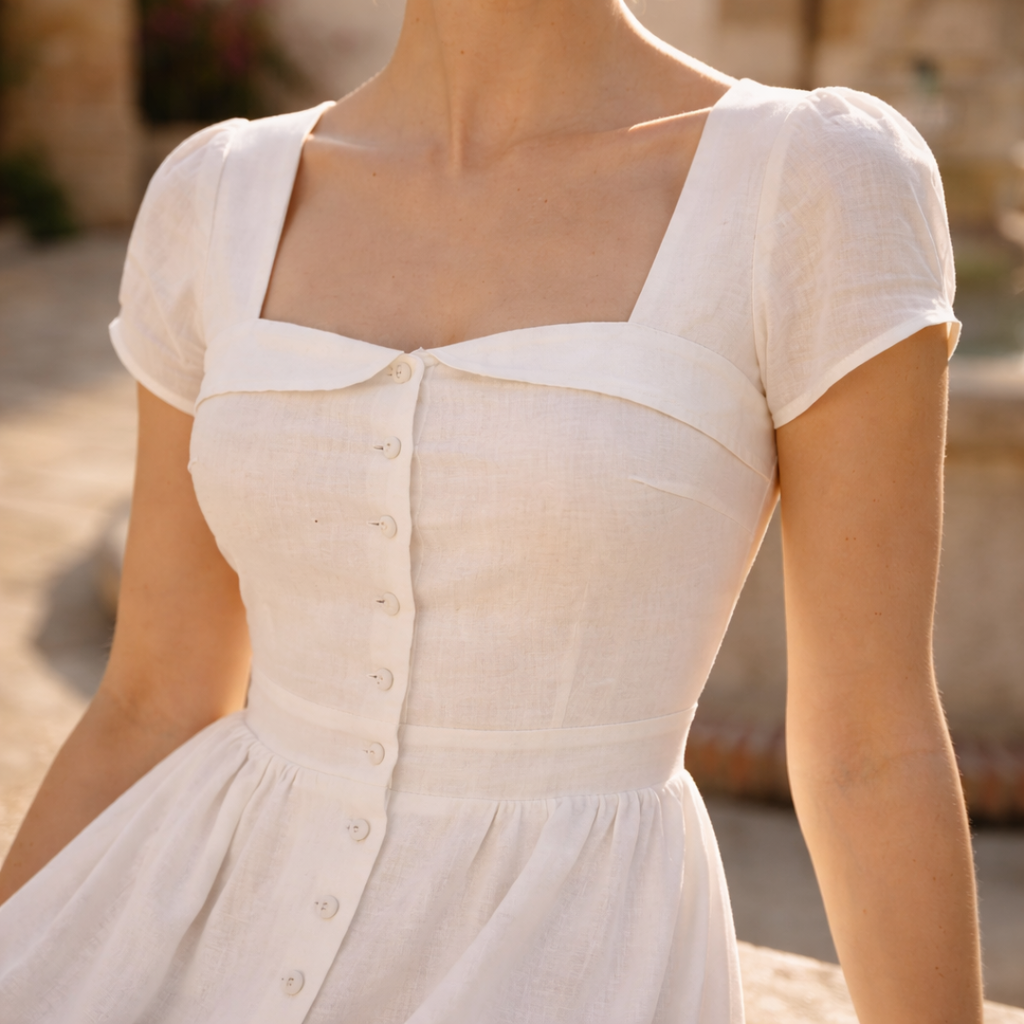 White Linen Midi Dress with Buttons for Summer Casual Wear