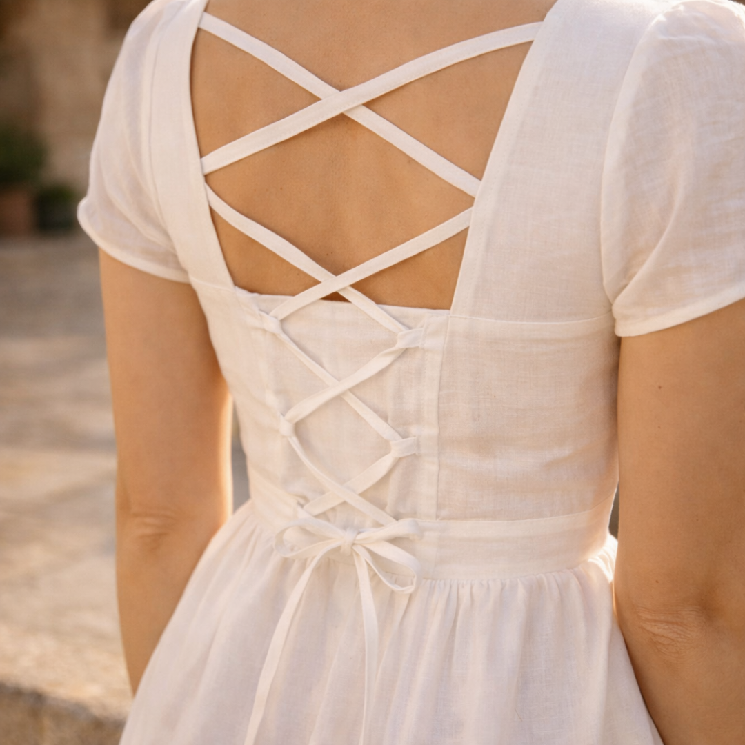White Linen Midi Dress with Buttons for Summer Casual Wear