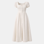 White Linen Midi Dress with Buttons for Summer Casual Wear