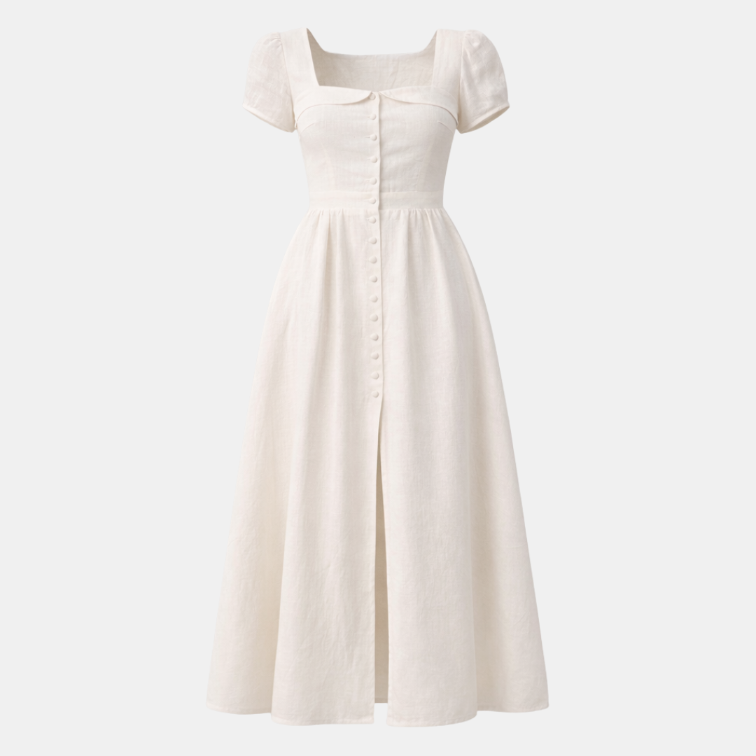 White Linen Midi Dress with Buttons for Summer Casual Wear