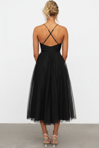 Women's Corset Midi Dress with Tulle Skirt for Formal Events and Special Occasions