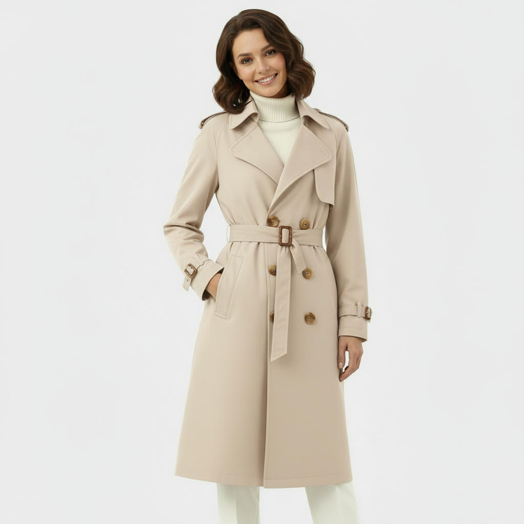 Women's Double-Breasted Long Trench Coat - Belted Overcoat for Stylish Outerwear in Classic Design
