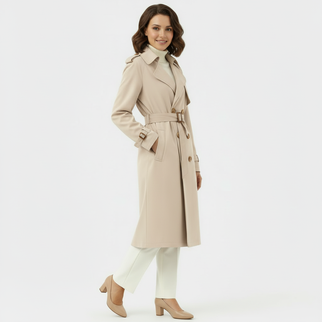 Women's Double-Breasted Long Trench Coat - Belted Overcoat for Stylish Outerwear in Classic Design