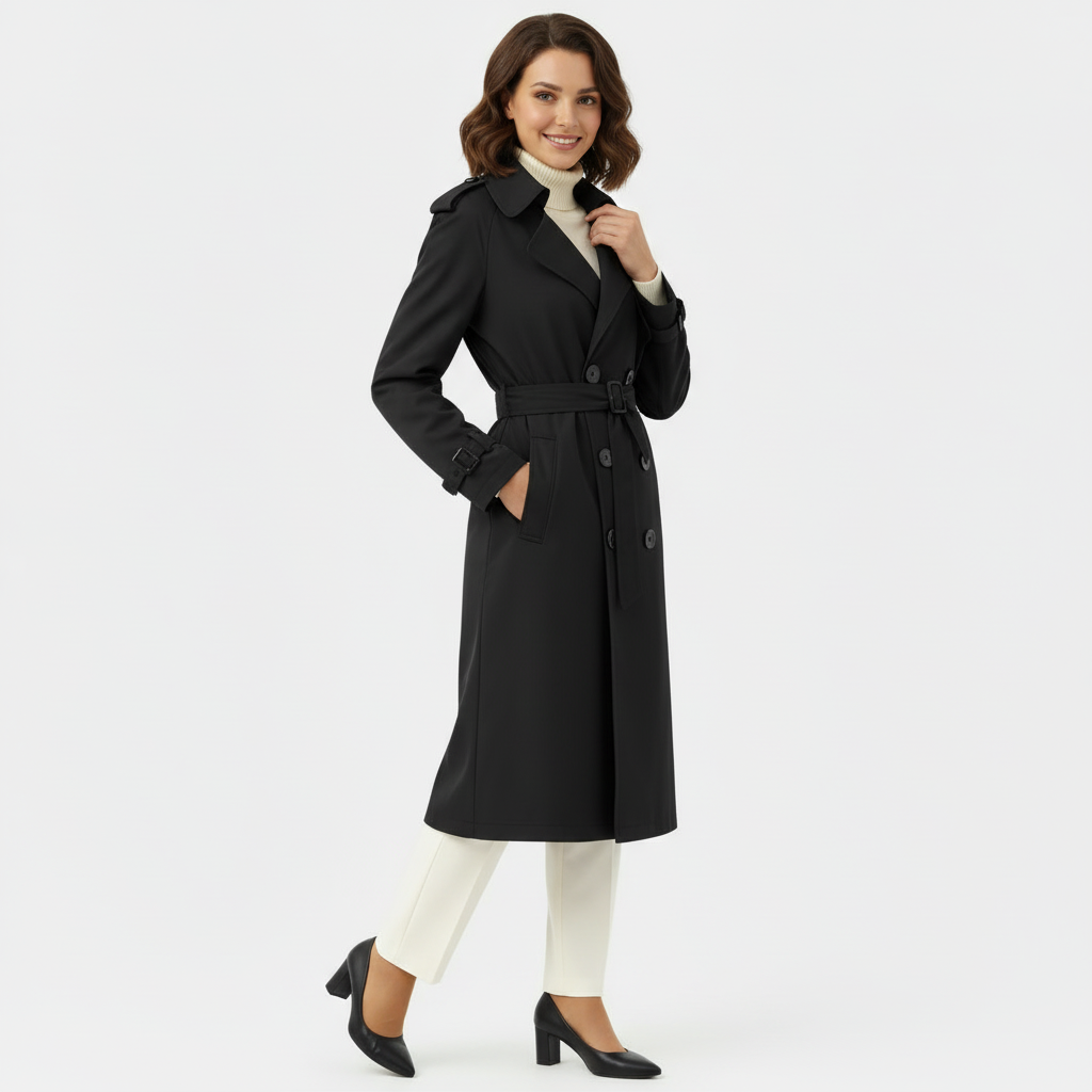 Women's Double-Breasted Long Trench Coat - Belted Overcoat for Stylish Outerwear in Classic Design