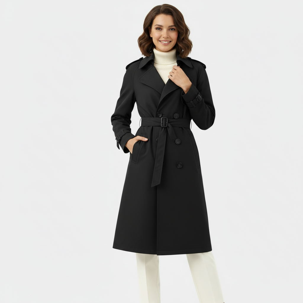 Women's Double-Breasted Long Trench Coat - Belted Overcoat for Stylish Outerwear in Classic Design