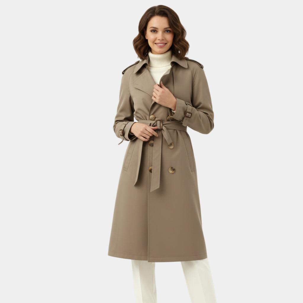 Women's Double-Breasted Long Trench Coat - Belted Overcoat for Stylish Outerwear in Classic Design