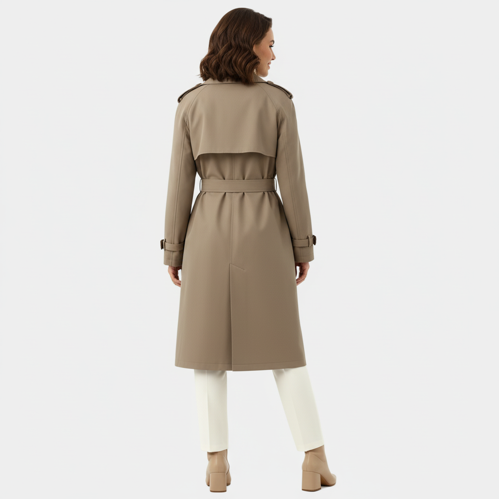 Women's Double-Breasted Long Trench Coat - Belted Overcoat for Stylish Outerwear in Classic Design