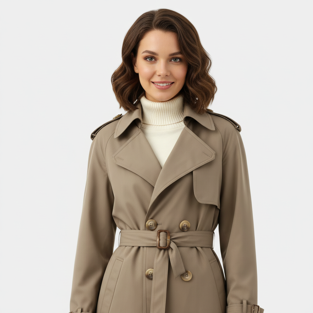 Women's Double-Breasted Long Trench Coat - Belted Overcoat for Stylish Outerwear in Classic Design