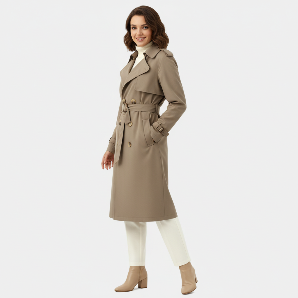 Women's Double-Breasted Long Trench Coat - Belted Overcoat for Stylish Outerwear in Classic Design
