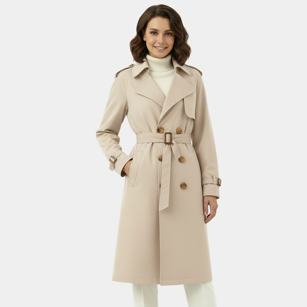 Women's Double-Breasted Long Trench Coat - Belted Overcoat for Stylish Outerwear in Classic Design