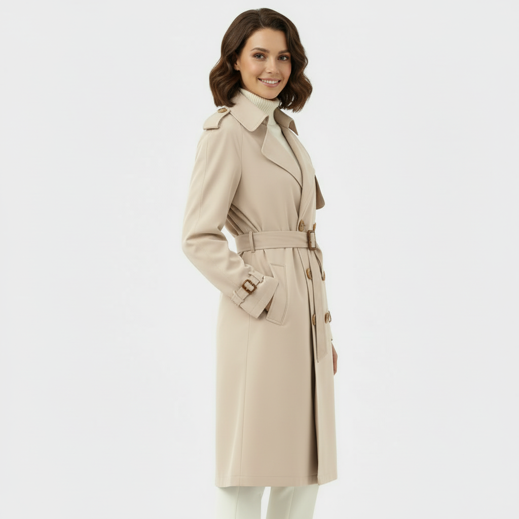 Women's Double-Breasted Long Trench Coat - Belted Overcoat for Stylish Outerwear in Classic Design
