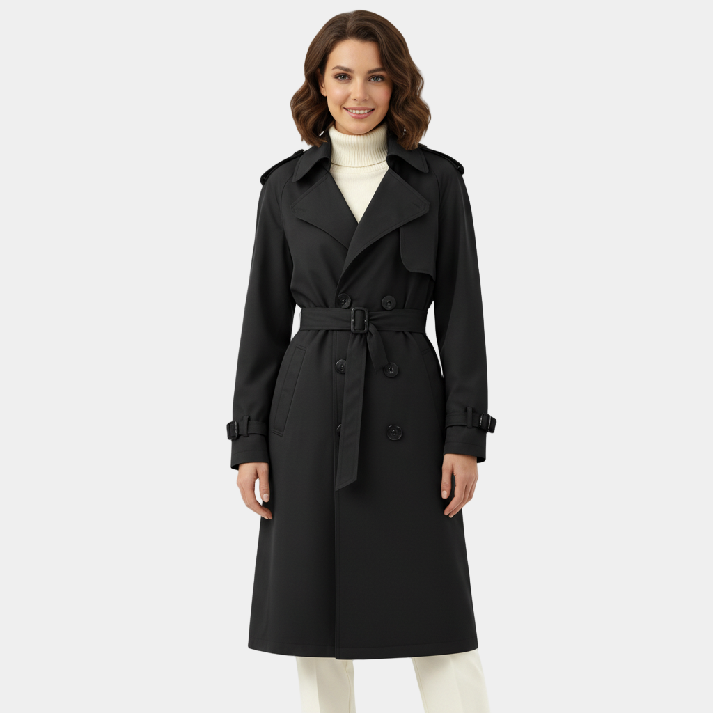 Women's Double-Breasted Long Trench Coat - Belted Overcoat for Stylish Outerwear in Classic Design