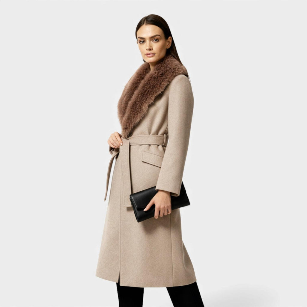 Women's Faux Fur Collar Belted Winter Coat - Long Warm Outerwear for Cold Weather