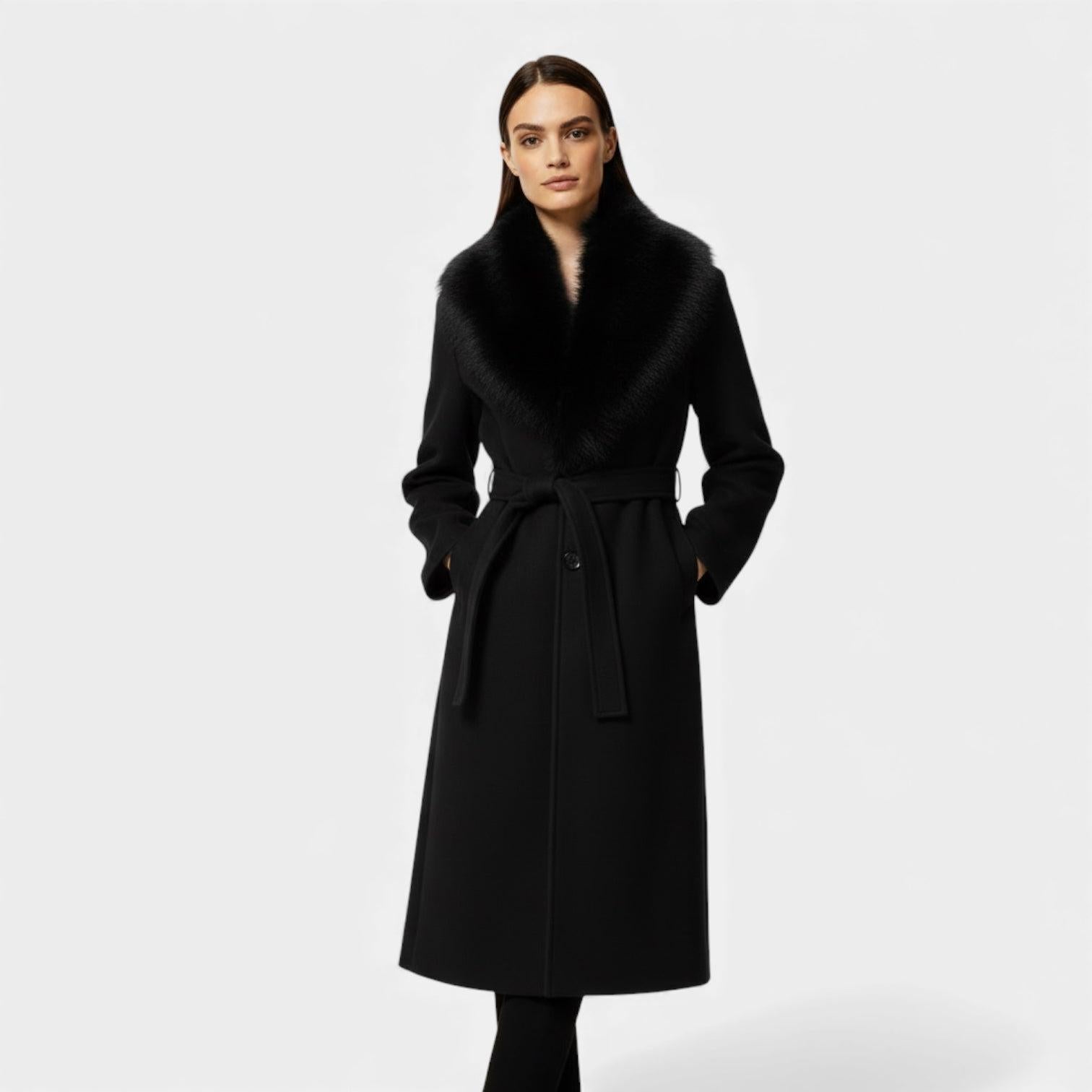 Women's Faux Fur Collar Belted Winter Coat - Long Warm Outerwear for Cold Weather