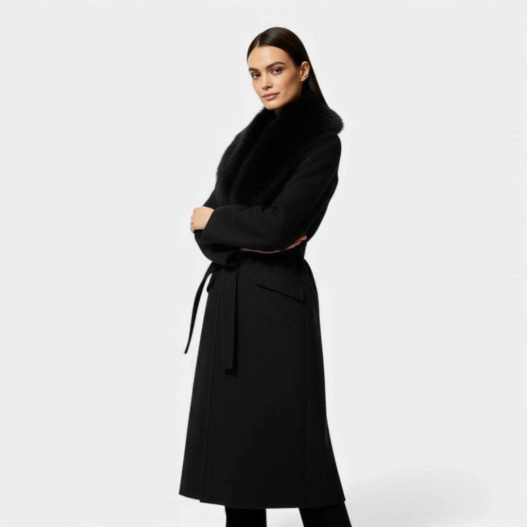 Women's Faux Fur Collar Belted Winter Coat - Long Warm Outerwear for Cold Weather