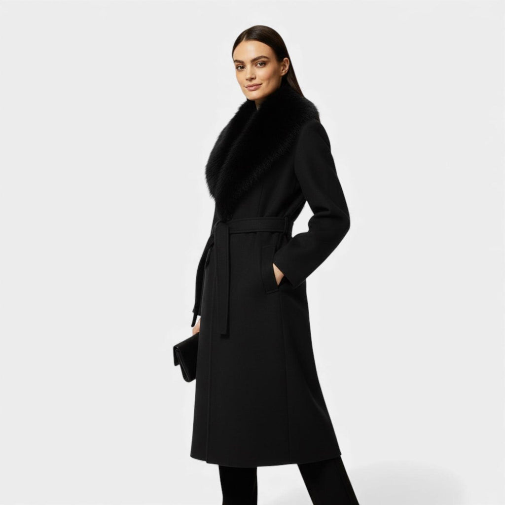 Women's Faux Fur Collar Belted Winter Coat - Long Warm Outerwear for Cold Weather