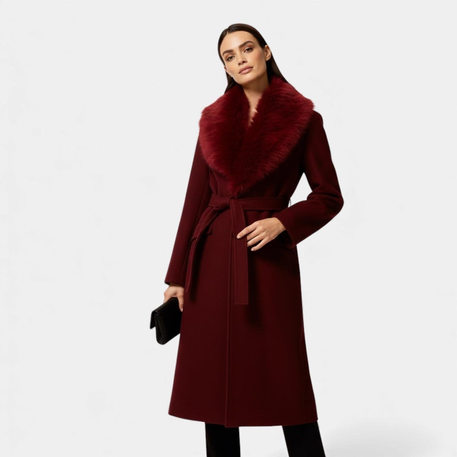 Women's Faux Fur Collar Belted Winter Coat - Long Warm Outerwear for Cold Weather