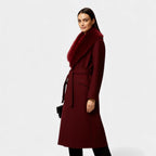 Women's Faux Fur Collar Belted Winter Coat - Long Warm Outerwear for Cold Weather
