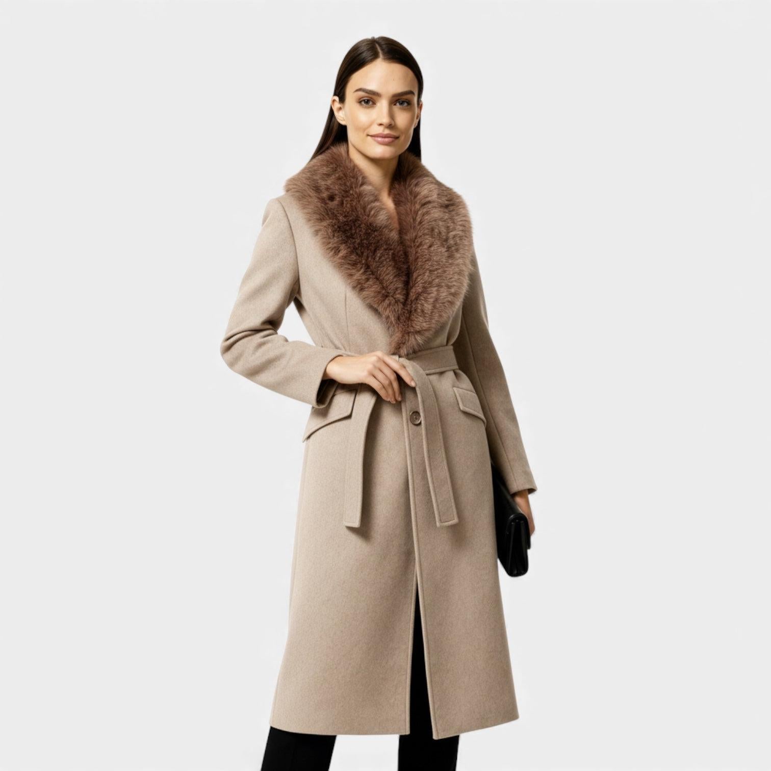 Women's Faux Fur Collar Belted Winter Coat - Long Warm Outerwear for Cold Weather